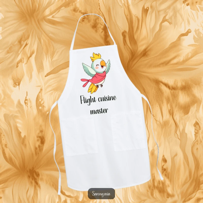 Funny apron featuring a cheerful parrot in a bright sarong, taking flight, ideal for a humorous and practical kitchen accessory.