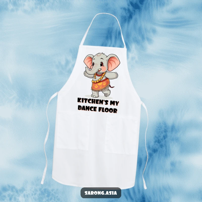 Funny apron featuring a cute elephant in a colorful sarong, joyfully dancing, ideal for a humorous and practical kitchen accessory.