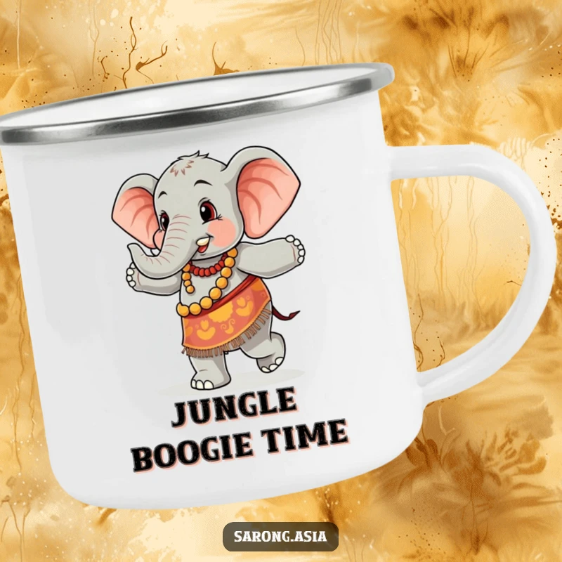 Funny camping mug featuring a cute elephant in a colorful sarong, joyfully dancing, ideal for outdoor fun and humor.