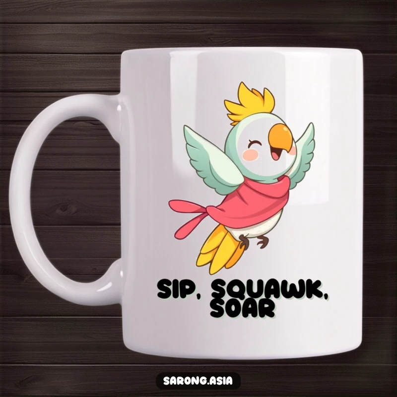 Funny mug featuring a cheerful parrot in a bright sarong, taking flight, perfect for a vibrant and humorous gift.