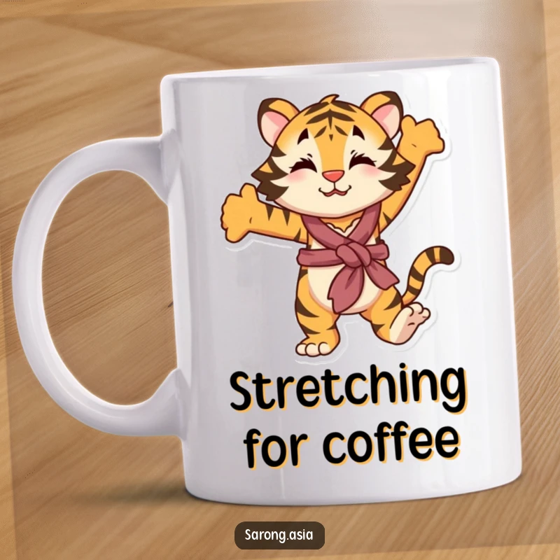 Funny mug featuring a playful tiger in a sarong, stretching, perfect for a relaxed and humorous gift.