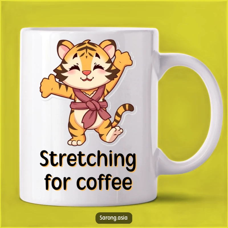 Funny Stretching Tiger Mug, Playful Sarong Cat, Relaxing Gift Idea