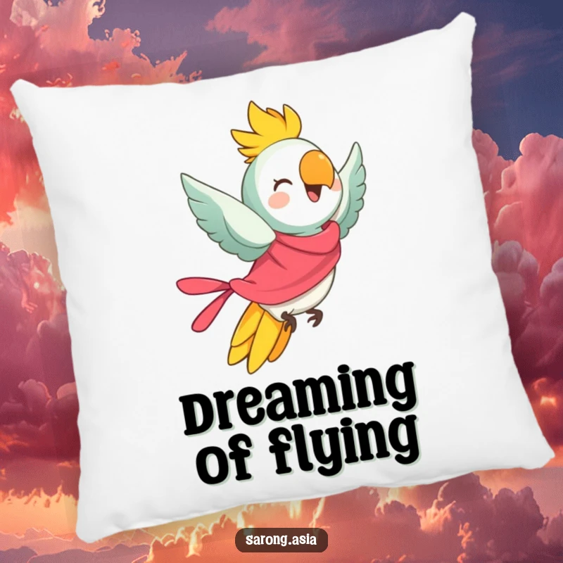 Funny pillow with a cheerful parrot in a bright sarong, taking flight, for a humorous and cozy feel.