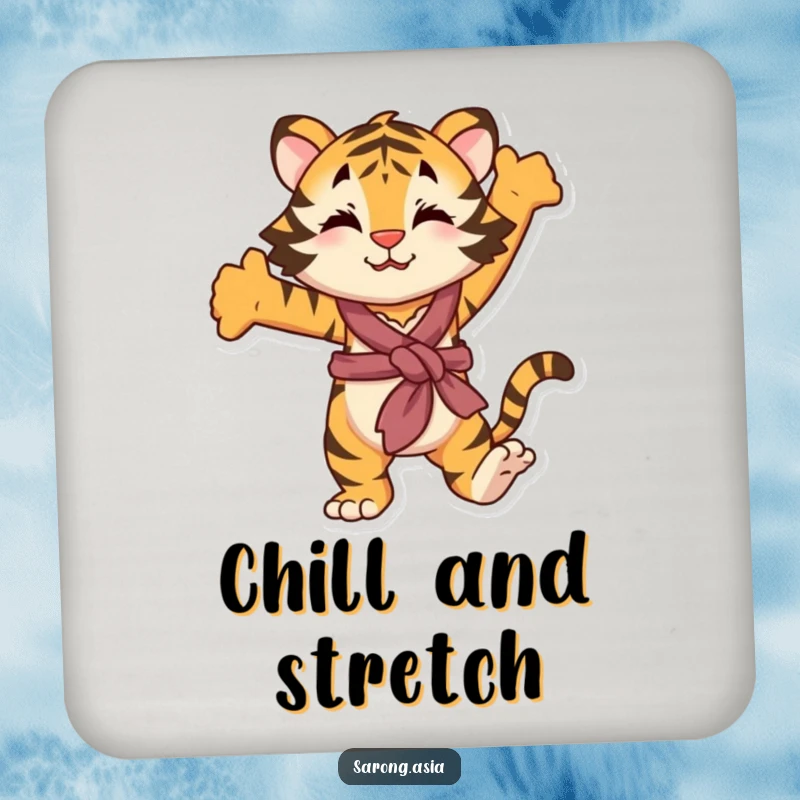Funny coasters featuring a playful tiger in a sarong, stretching, offering humorous protection for surfaces with a wild flair.