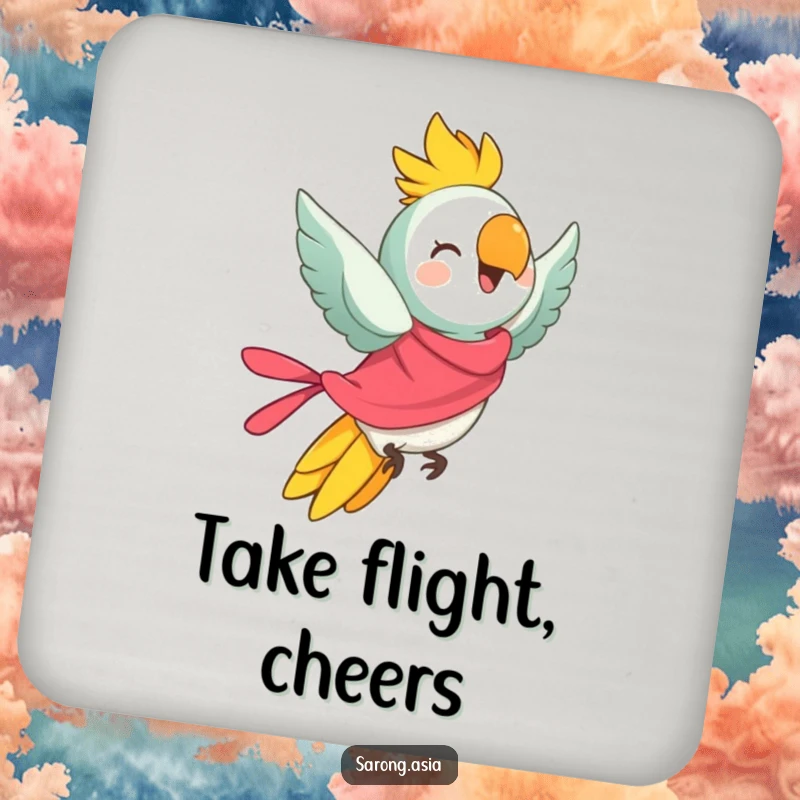 Funny coasters featuring a cheerful parrot in a bright sarong, taking flight, offering humorous protection for surfaces with a tropical flair.