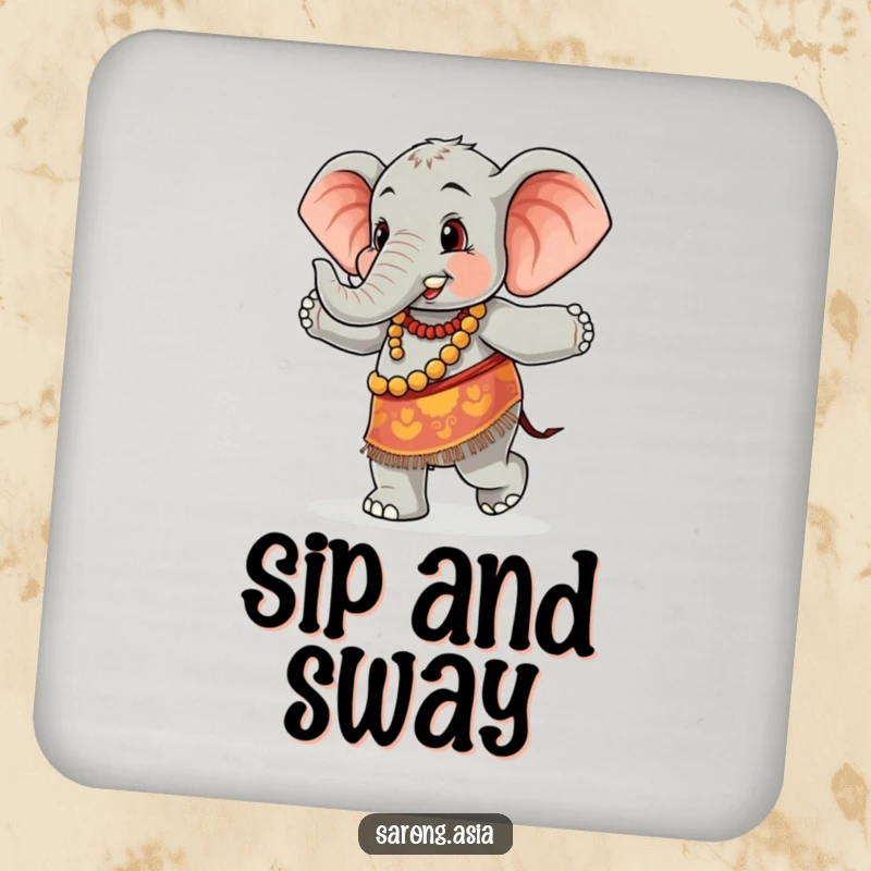 Funny coasters featuring a cute elephant in a colorful sarong, joyfully dancing, offering humorous protection for surfaces with a rhythmic flair.