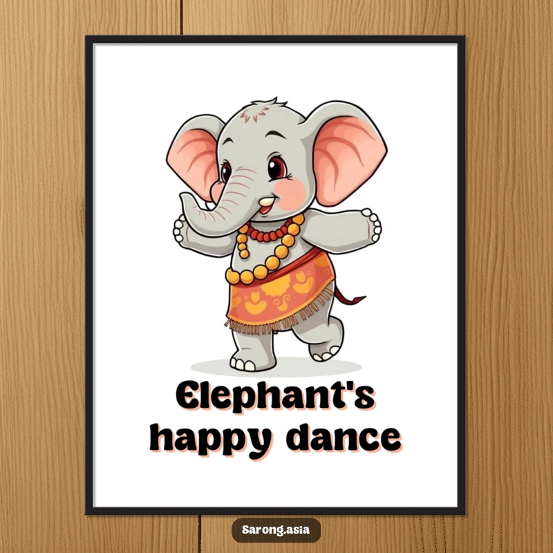 Funny poster showcasing a cute elephant in a colorful sarong, joyfully dancing, perfect for humorous and vibrant wall decor.