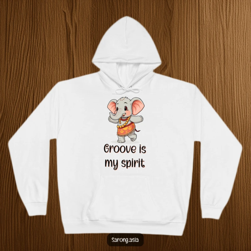 Funny hoodie featuring a cute elephant in a colorful sarong, joyfully dancing, offering warmth and a humorous, cheerful feel.