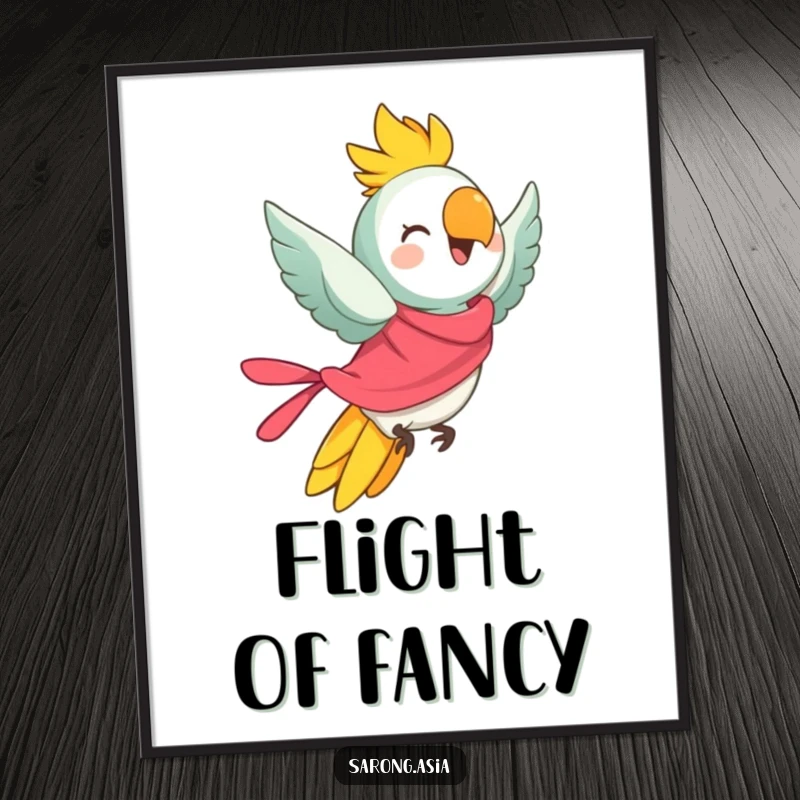 Funny Free Printable Wall Art: Cheerful anthropomorphic parrot in bright sarong taking flight, decor.