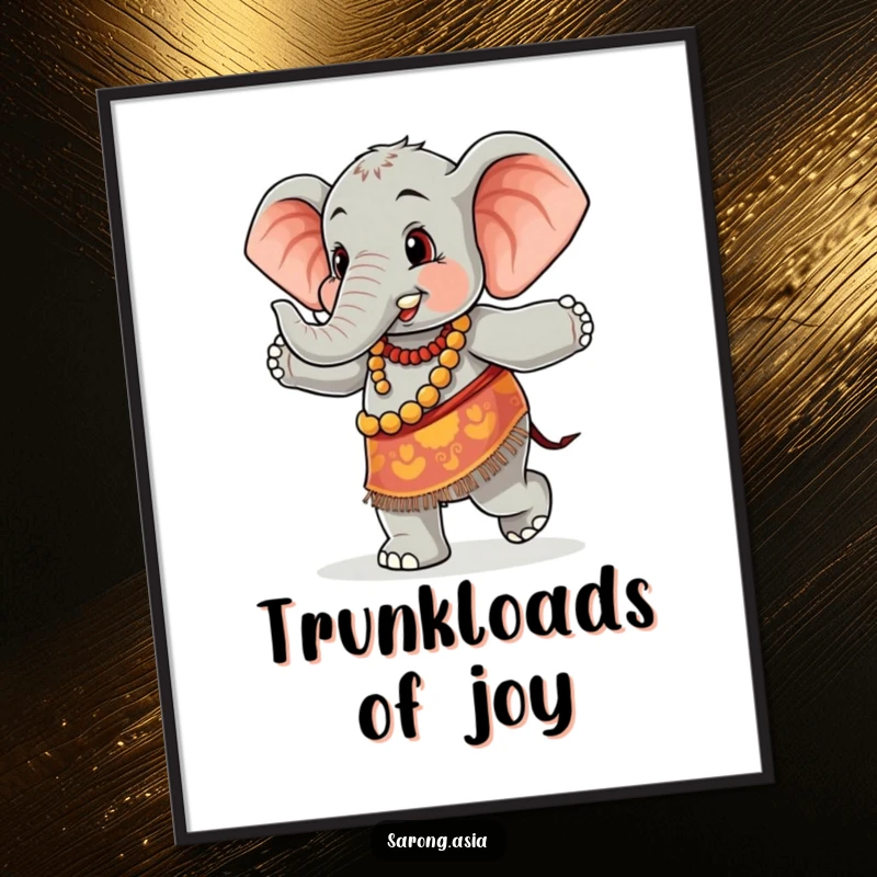 Funny Free Printable Wall Art: Cute anthropomorphic elephant in colorful sarong dancing joyfully, decor.