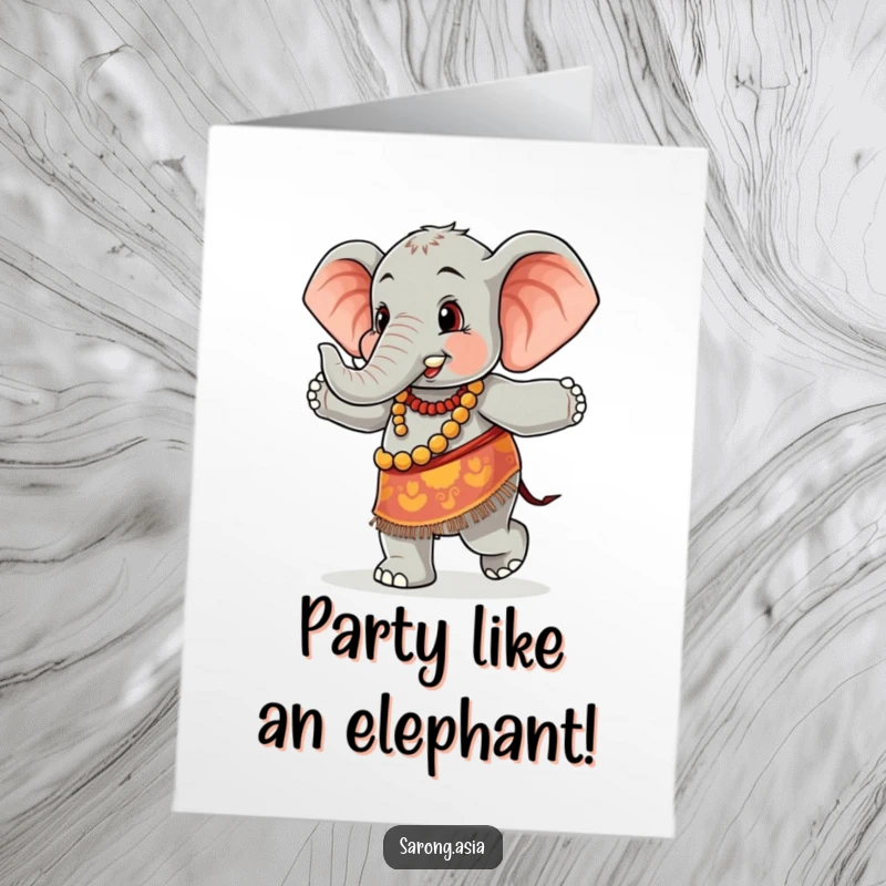 Funny Free Printable Birthday Card: Cute elephant in sarong dancing joyfully, downloadable gift.