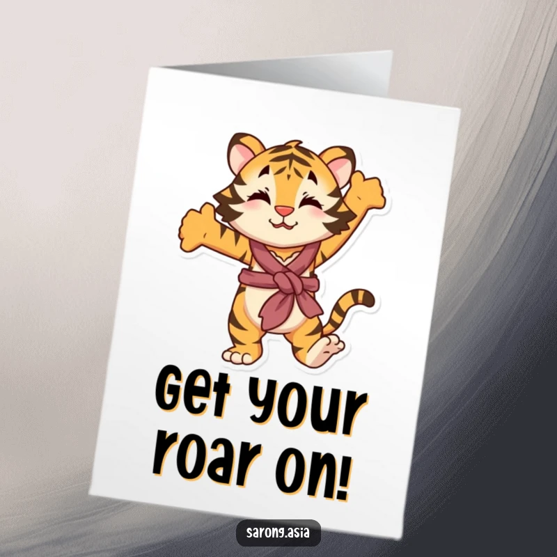 Funny Free Printable Birthday Card: Playful tiger in sarong stretching, downloadable gift.