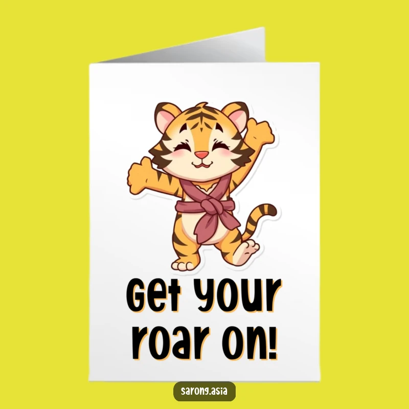 Free Printable Stretching Tiger Birthday Card - Playful Sarong Animal Downloadable Gift