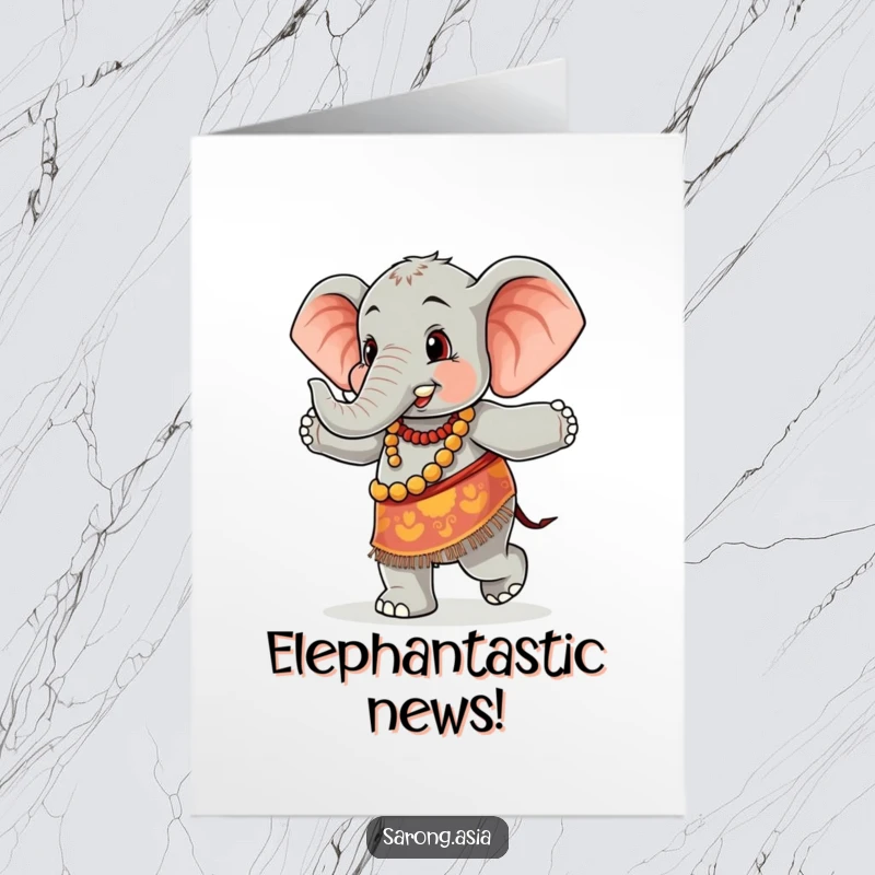 Funny Free Printable Congrats Card: Anthropomorphic elephant wearing sarong, dancing happily, downloadable gift.