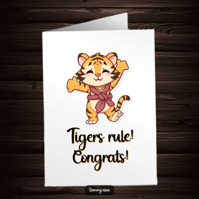 Funny Free Printable Congrats Card: Anthropomorphic tiger in sarong stretching, downloadable gift.