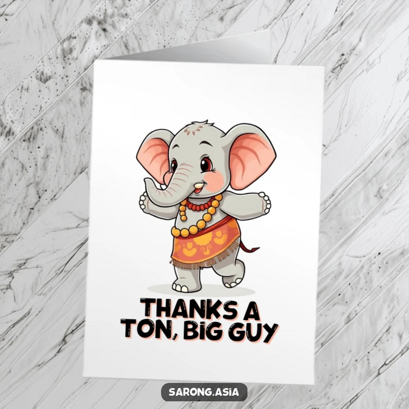 Funny Free Printable Thank You Card: Cute elephant in colorful sarong dancing, downloadable gift.