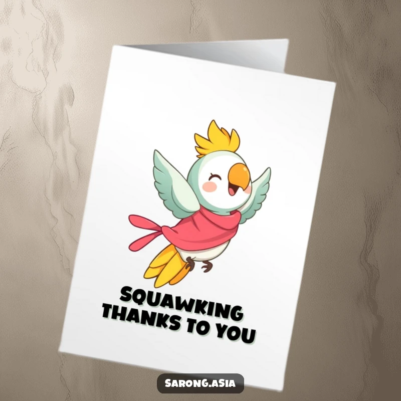 Funny Free Printable Thank You Card: Cheerful parrot in bright sarong taking flight, downloadable gift.