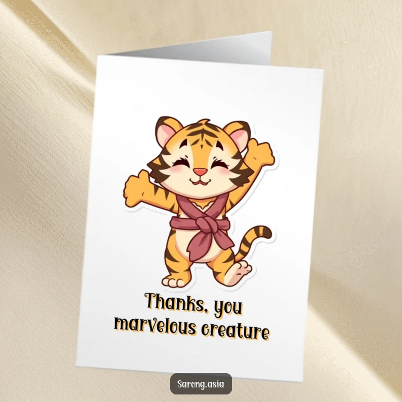 Funny Free Printable Thank You Card: Playful tiger with sarong stretching, downloadable gift.