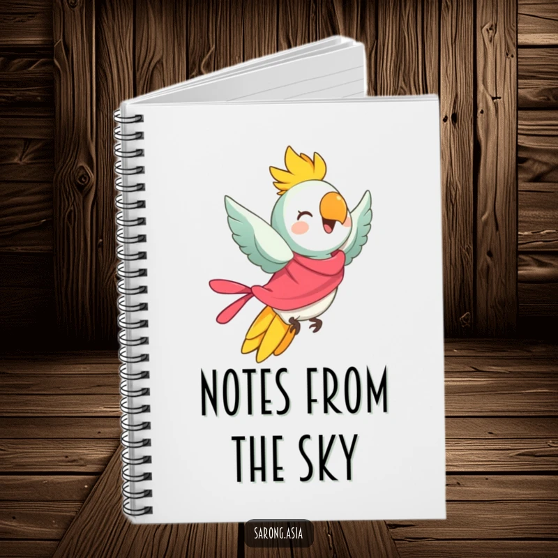 Funny notebook with a cheerful parrot in a bright sarong, taking flight, perfect for journaling with humor and adventure.