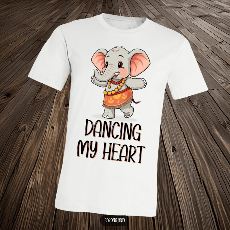 Funny t-shirt with a cute anthropomorphic elephant wearing a colorful sarong, joyfully dancing, ideal for a humorous and festive present.