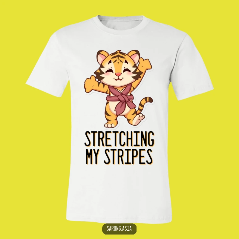 Funny Stretching Tiger T-Shirt, Playful Sarong Style, Hilarious Outfit