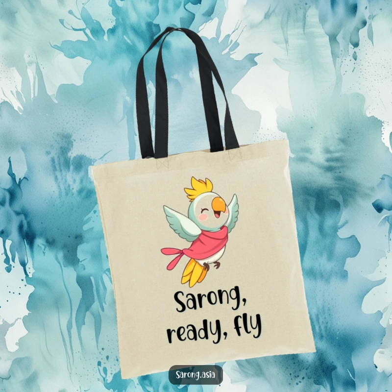 Funny tote bag featuring a cheerful parrot in a bright sarong, taking flight, a charming and humorous accessory for carrying essentials.